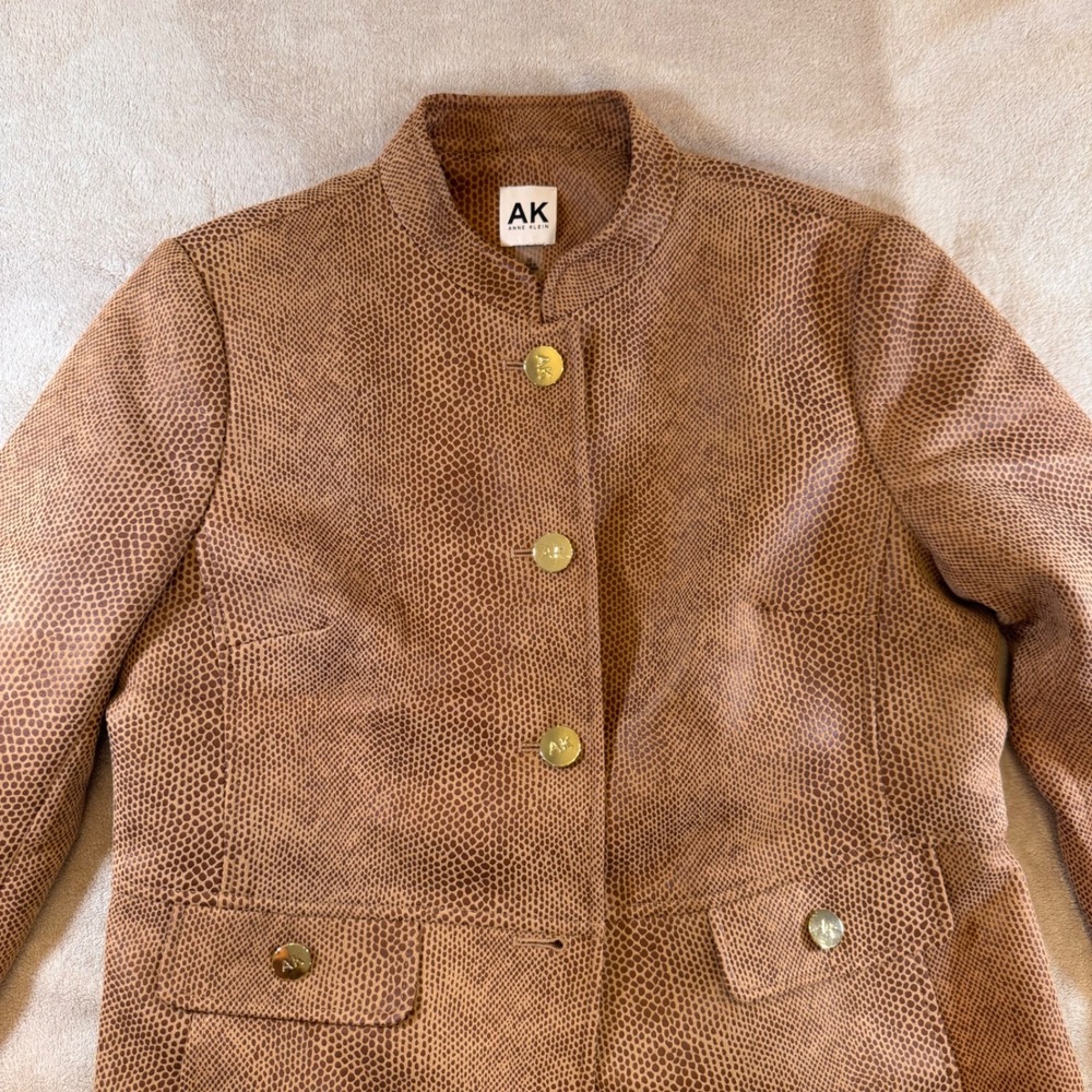 Faux Reptile Snakeskin Long Statement Coat Gold Buttons Brown Chic Sz M *FLAW - Picture 3 of 13